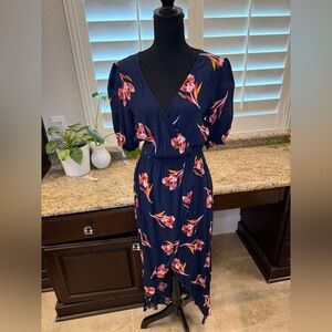 Express | Navy Floral Puff Sleeve High/Low Dress | Small